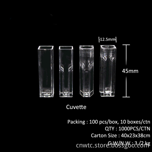 Polystyrene Square Cuvette with 4 Clear Sides for Spectrophotometer